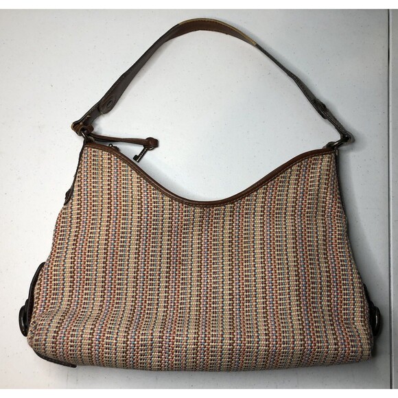 VTG Y2K Fossil Key Woven Nylon Brown Leather Hobo Bag Handbag Shoulder Purse - Picture 2 of 15